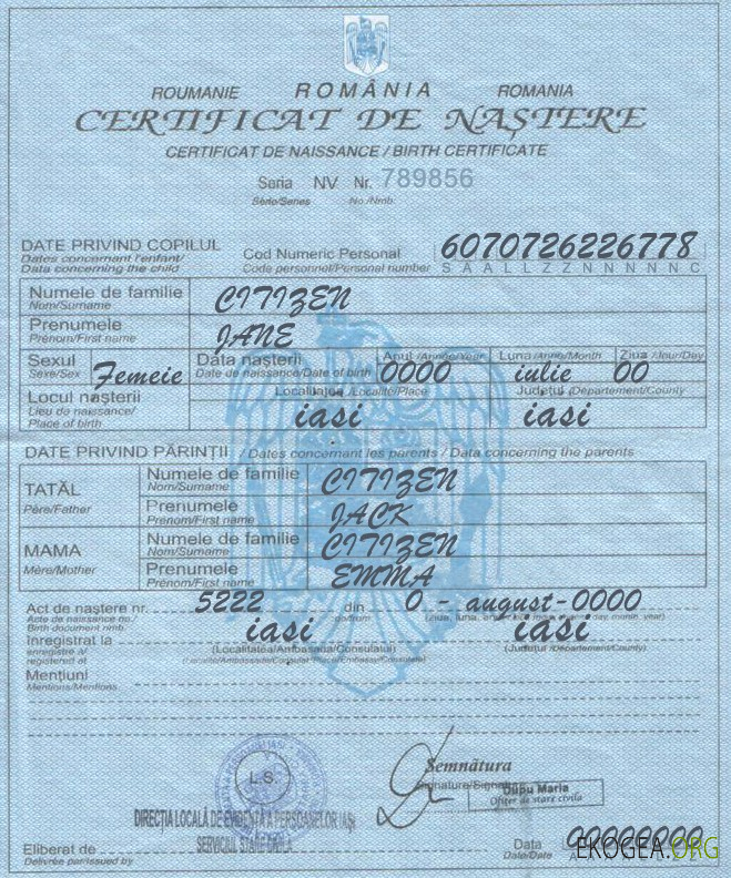 Modèle d'acte de naissance de Roumanie au format PSD